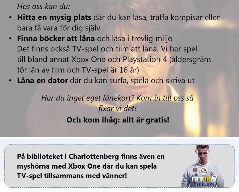 Bibliotekens öppettider under sportlovet Charlottenberg måndag-torsdag fredag 10:00-18:00 10:00-15:00 Åmotfors måndag tisdag onsdag torsdag fredag 13:00-18:00 10:00-15:00 13:00-18:00