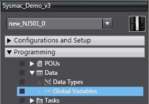 Sysmac Studio Det som man måste veta är att när man använder NJ-serien till NS-skärmarna är att man måste alltid skapa variablerna i Sysmac Studio innan man kan använda dem i CX-Designer.