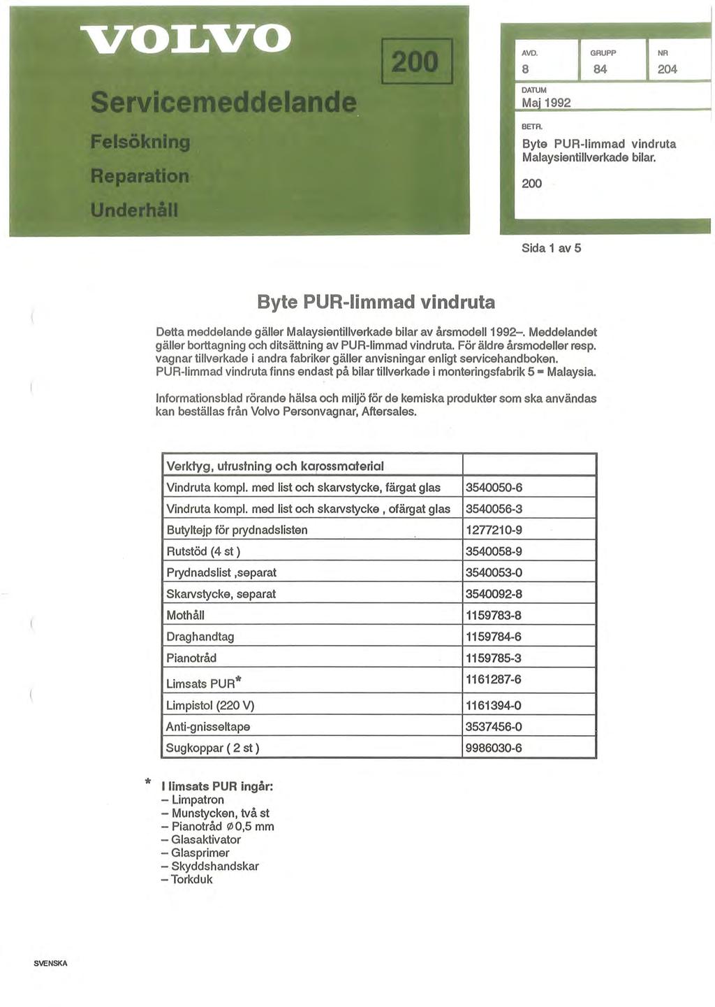 GRUPP NR 84 204 Byte PUR-limmad vindruta Malaysientillverkade bilar. Sida 1 av 5 Byte PUR-limmad vindruta Detta meddelande gäller Malaysientillverkade bilar av årsmodell 1992-.