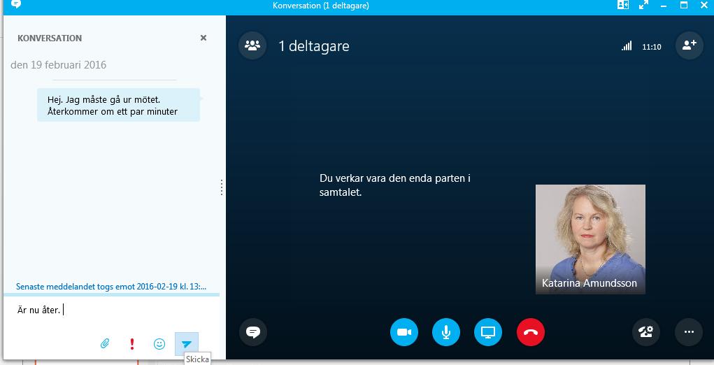 Delta i Skype-möte, snabbmeddelande Har du problem med ljudet kan du skriva snabbmeddelande för att nå de andra deltagarna på mötet. 6.