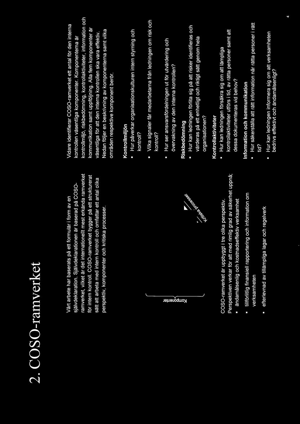 eoso-ramverket bygger på ett strukturerat sätt att arbeta med intern kontroll och omfattar ett antal olika perspektiv, komponenter och kritiska processer.