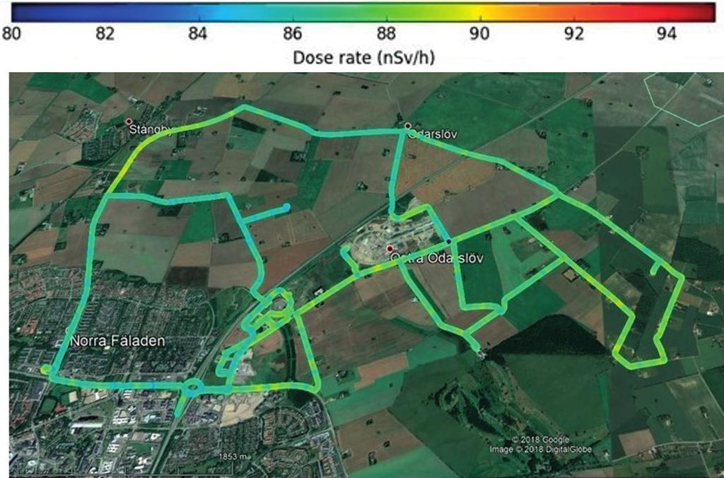 landet. Bilden nedan visar denna så kallade externdos, uppmätt med bil på vägarna kring ESS.