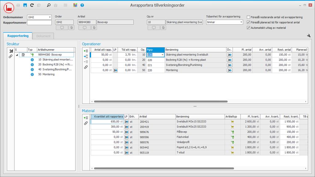 Avrapportering Avrapportering kan göras på olika detaljerade nivåer, från hel order, till operation och material.
