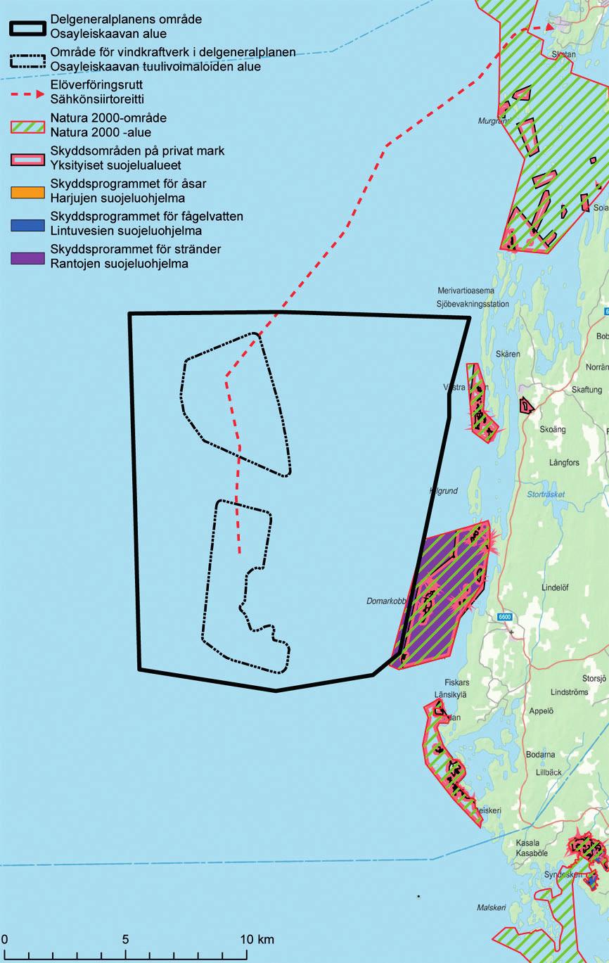 Figur 2 7. Naturaområden och andra områden som hör till naturskyddsprogram och -strategier i närheten av projektområdet. 2.2 Byggd miljö 2.2.1 Bosättning Närmaste fasta bosättning och fritidsbostäder finns på strandområdet i Sideby cirka 8 km från vindkraftsområdet.
