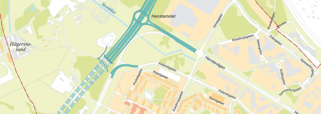 Den nuvarande sträckningen av Hanstavägen, som utgör kopplingen till lokalvägnätet, rätas ut och ansluter till Förbifart Stockholm i en cirkulationsplats.
