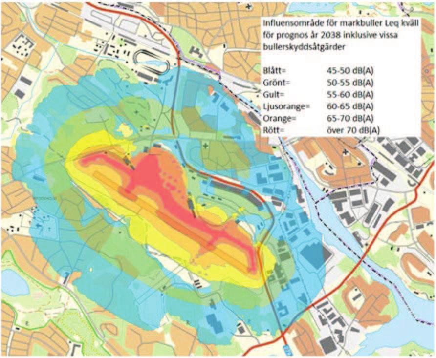 Flygbullernivå från Bromma flygplats, röd ring visar ungefärligt läge för planerad bebyggelse.