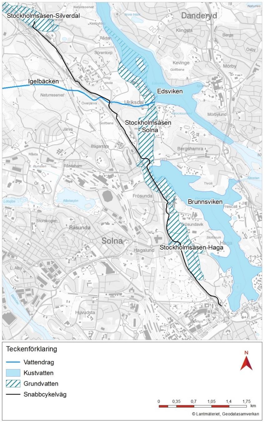 2.4.6. Vattenmiljö Den tänkta gång- och cykelvägen passerar två ytvatten, Brunnsviken och Edsviken, som är med i Vattenmyndighetens redovisning av vattenförekomster enligt EU:s vattendirektiv.