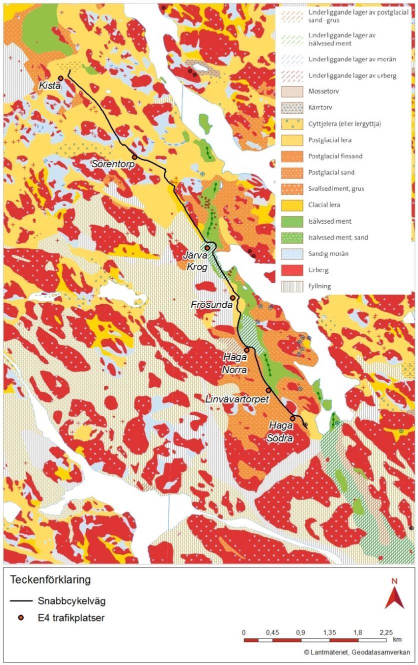förekommer fyllningsmaterial och genomsläppligheten bedöms vara hög. Se Figur 15 för sammanfattning av jordarter längs den föreslagna snabbcykelvägen.