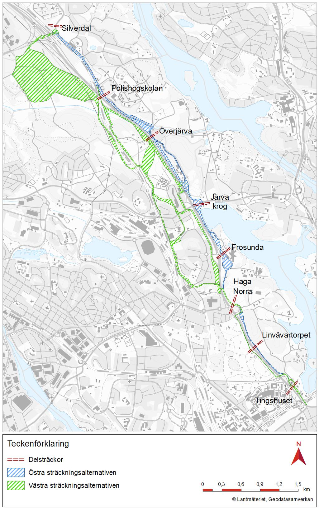 Figur 16. Utredda alternativa sträckningar av cykelväg mellan Norrtull och Kista, på östra respektive västra sidan om E4. 3.
