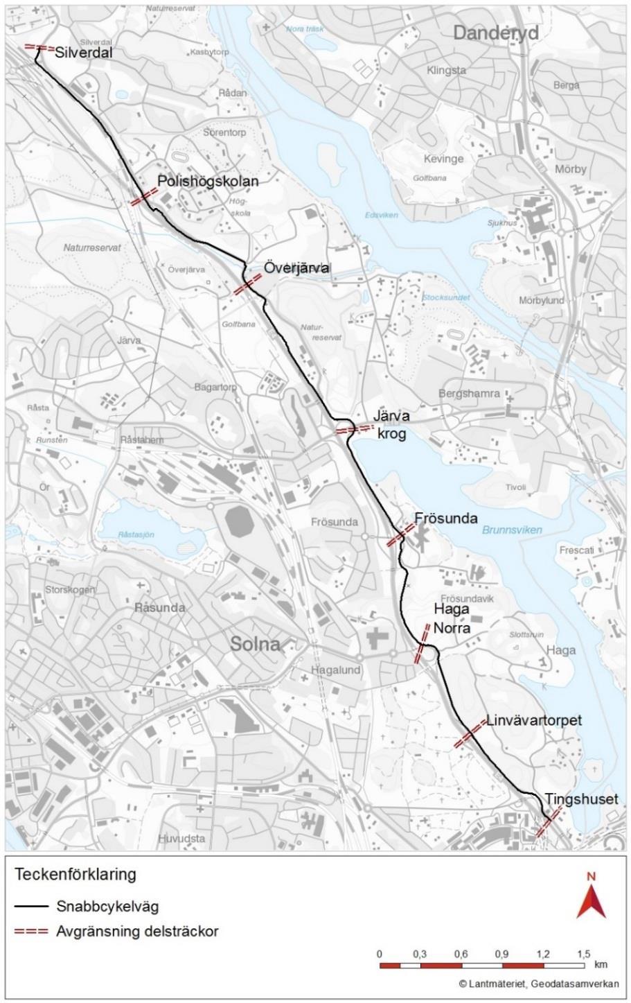 Delsträcka 1: Tingshuset Linvävartorpet Delsträcka 2: Linvävartorpet Haga Norra Delsträcka 3: Haga Norra Frösunda Delsträcka 4: Frösunda Järva krog Delsträcka 5: Järva krog
