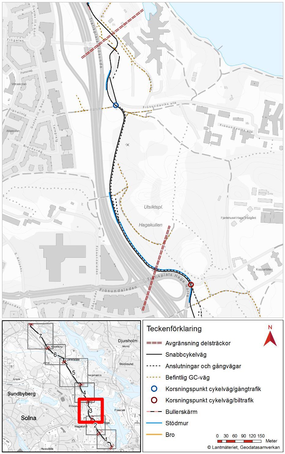 av ljusskyltar. Snabbcykelvägen löper separerad från gångbanan under Haga Norra gångbro för att undvika konflikter med gående vid entrén till Hagaparken.