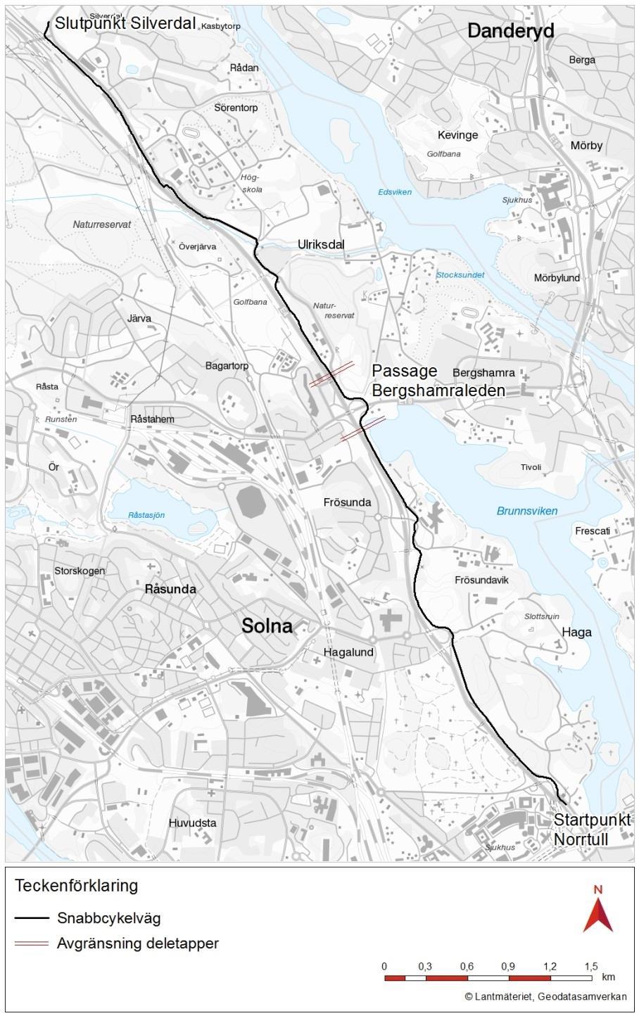Figur 42. Illustration av de olika sträckorna för byggskedet. Följande aspekter bedöms vara särskilt viktiga att uppmärksamma med tanke på möjliga effekter på miljö och hälsa.