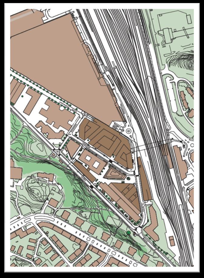Figur 2. Planområdet i södra delen av Arenastaden, samt området kring Solna station. Den nya bebyggelsen i kv.
