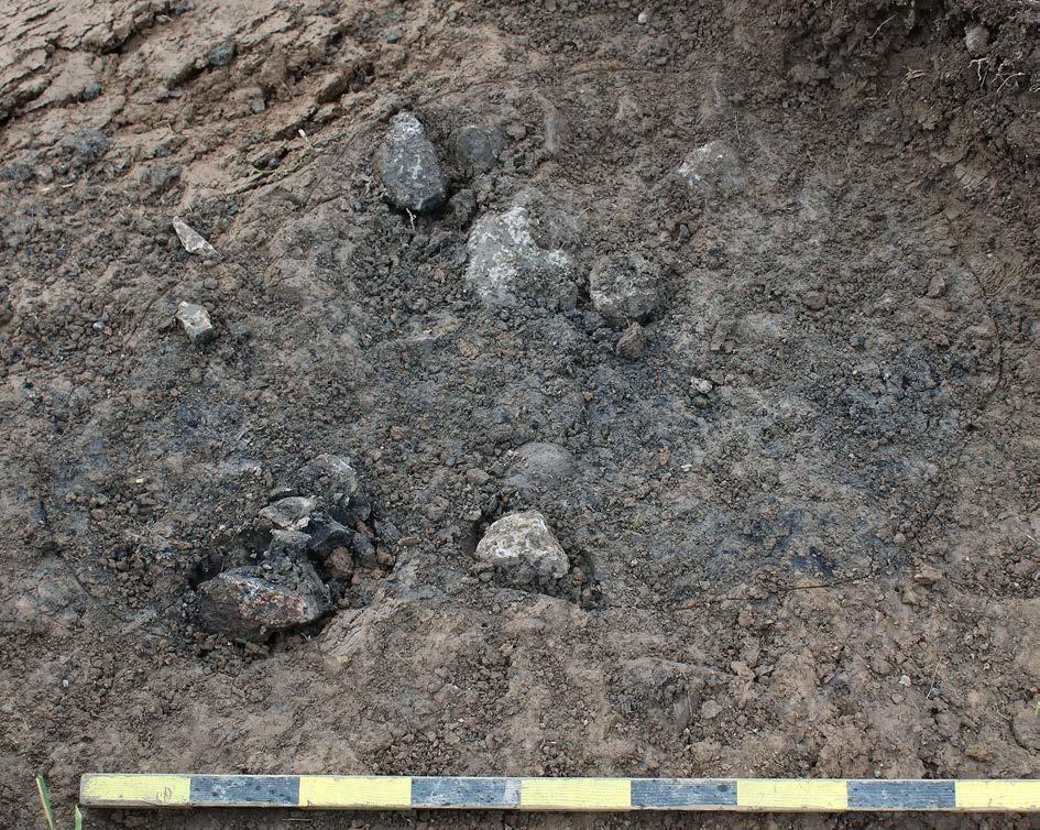 Figur 8. Härd 102 i schakt 1002 fotograferad från OSO. De två härdarna påträffades i schakt 1002 vid foten av berghällen.