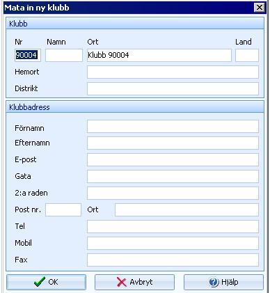 Klicka på i direktanmälningsfönstret. Fönstret Mata in ny klubb öppnas. Skriv in det nya namnet i Ortfältet.
