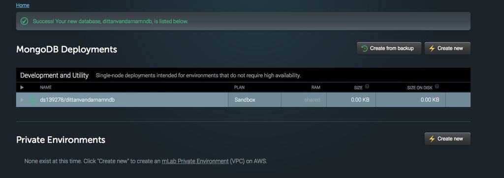9. Tryck sedan på knappen Create new MongoDB deployment 10. Klicka på namnet till din nyss skapade databas för att öppna den. 11.