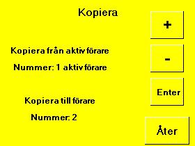 Knappen Kopiera växlar till meny för kopiering av en förares inställningar. 0. Kopiera förare I denna meny kan en förares inställningar kopieras till en annan förare.