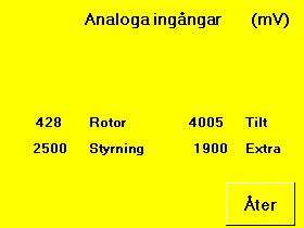 . Meny/ Felsökning/Analoga ingångar De analoga ingångar som kan felsökas med hjälp av systemet visas i denna meny. Framför varje funktion visas aktuellt värde för respektive analog ingång.