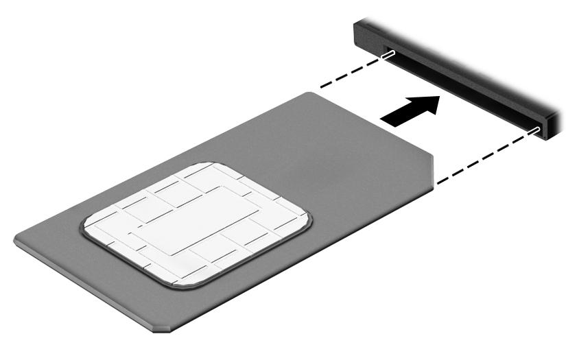 7. För in SIM-kortet i SIM-kortplatsen och tryck sedan in SIM-kortet tills det sitter ordentligt. OBS! OBS! SIM-kortet för din dator kanske ser annorlunda ut jämfört med illustrationen i detta avsnitt.