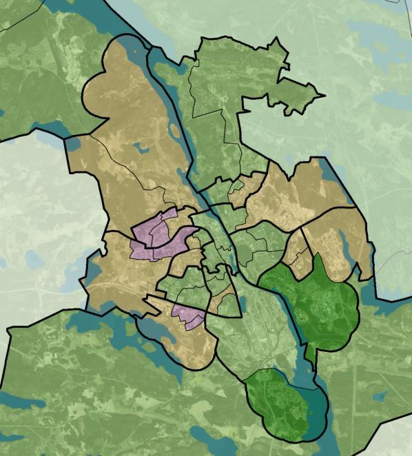 I exemplet nedan redovisas statistiken på enskilda DeSO istället för grupperat. Stadsdelarnas avgränsningar framgår av den tjockare kantlinjen.