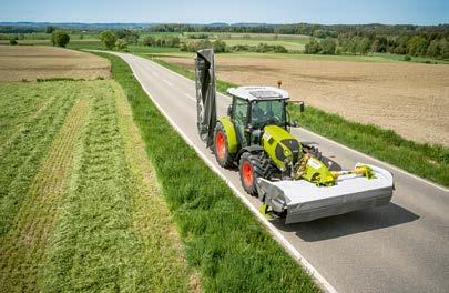 Vridpunktens läge gör att slåttermaskinen i transportläge är knappt bredare än