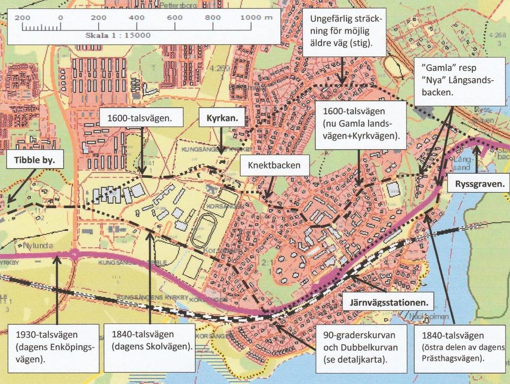 Vägsträckan Ryssgraven-Tibble by Landsvägen har på sträckan Ryssgraven-Tibble by haft tre olika dragningar sedan 1600-talet.