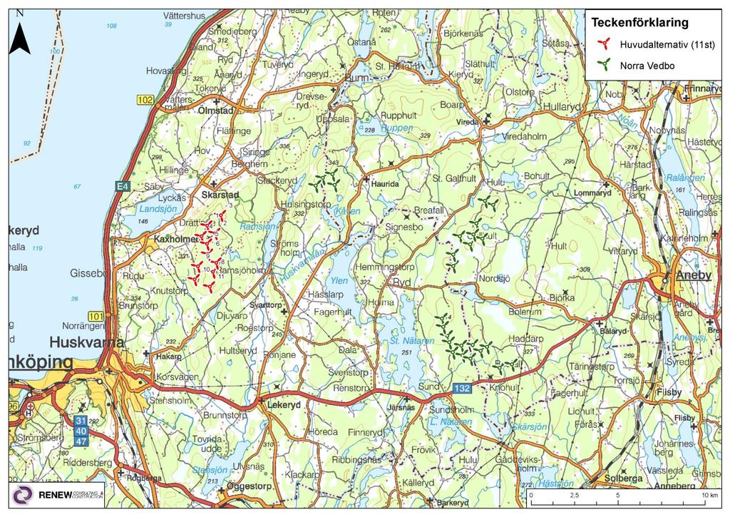 Närliggande projekt Inom 15 km, tillståndsgivna vindkraftsparken Norra Vedbo, 26 verk på 195 m totalhöjd