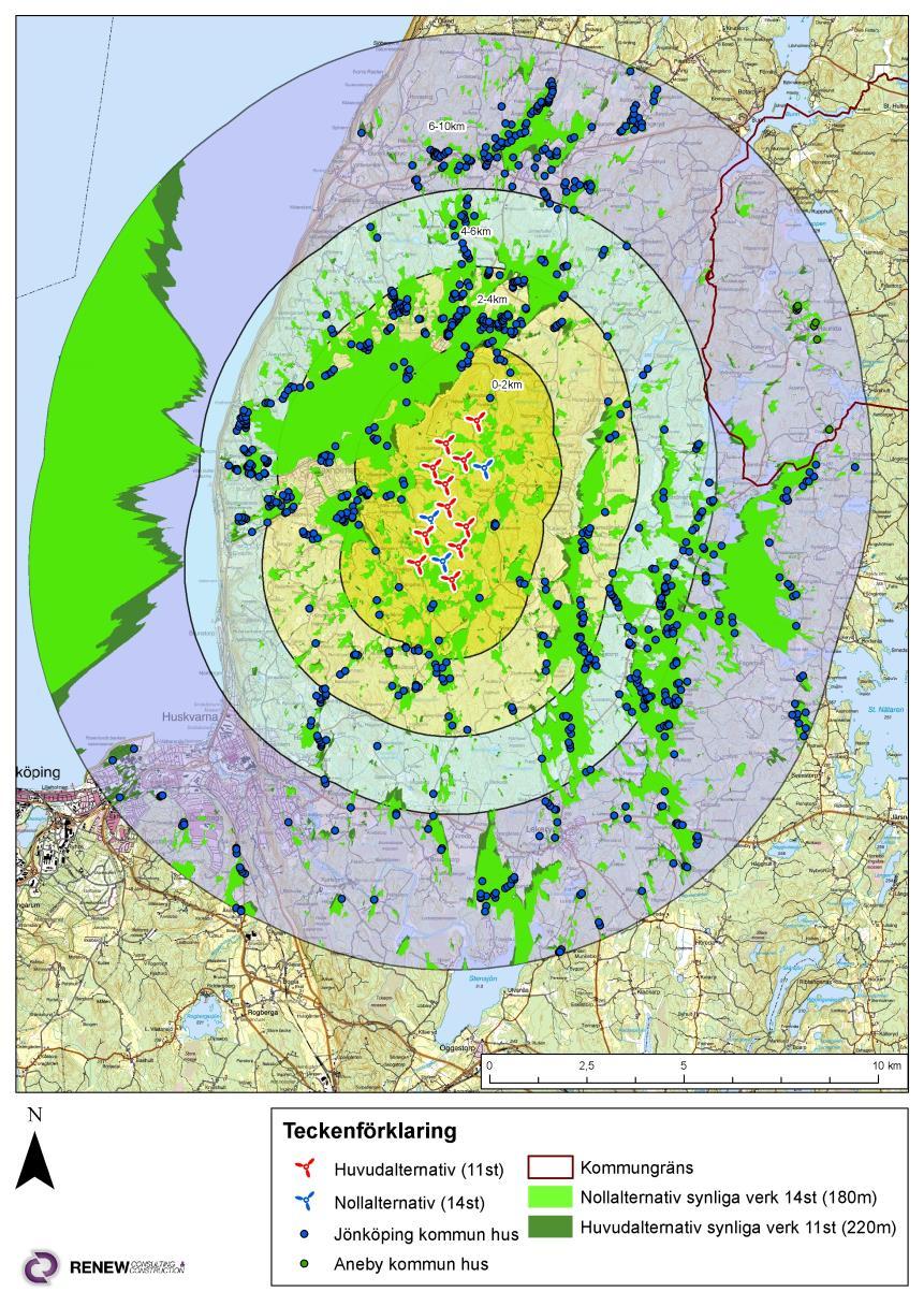 Jämförelse hinderbelysning huvudalternativ vs nollalternativ Bostäder inom