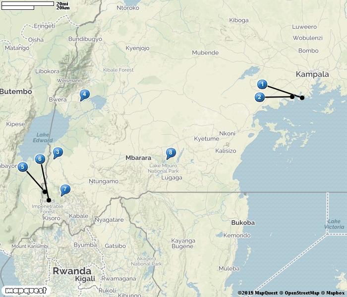 Resan i korthet Dag Orter/resplan 1 Vi samlas och övernattar på Victoria Guest House, Entebbe. 2 Efter frukost till Mabamba för träskonäbb. Sedan till Kibale.