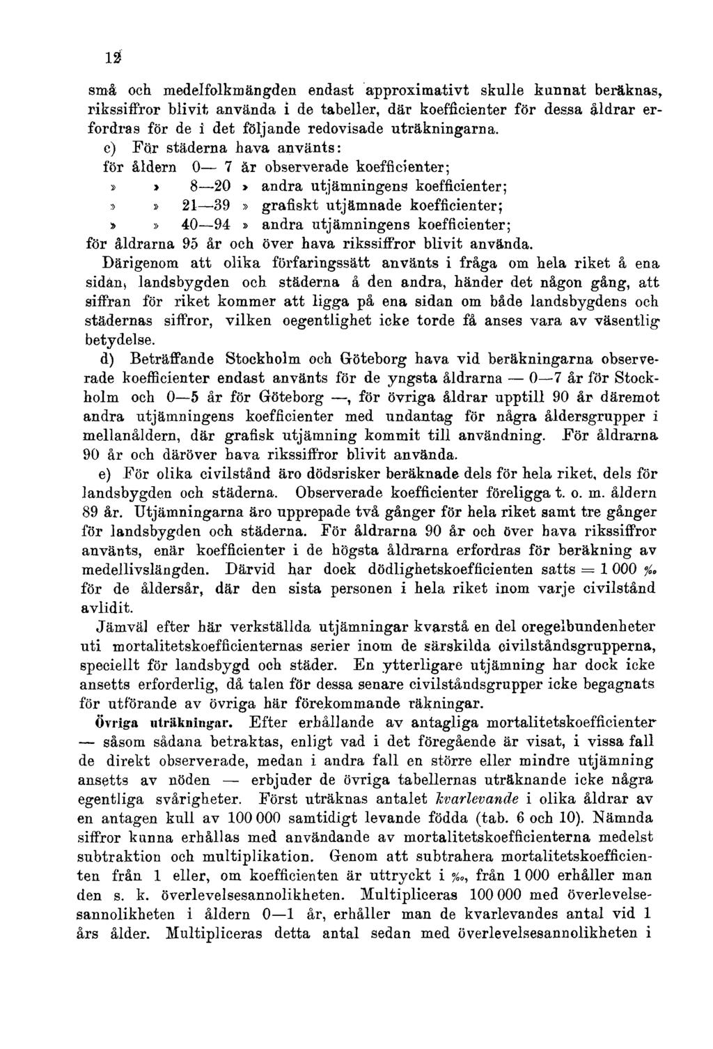 12 små och medelfolkmängden endast approximativt skulle kunnat beräknas, rikssiffror blivit använda i de tabeller, där koefficienter för dessa åldrar erfordras för de i det följande redovisade