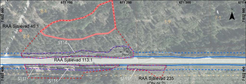 Figur 3. Karta över under undersökningsområden och schakt vid boplatserna RAÄ 113:1 och RAÄ 235 (Obj.nr 2).