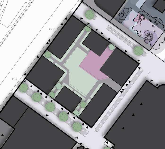 Sida 35 (61) Marievik 22 (M22) Befintlig kontorsbyggnad och parkeringshus rivs. Fastigheten föreslås markanvändning bostäder, centrum, förskola och garage (B4C2S2P3).