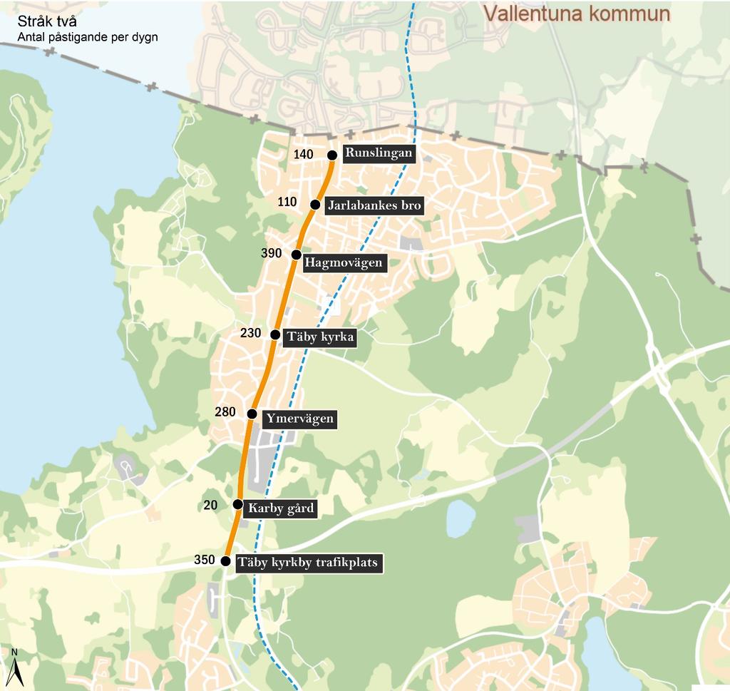 19(75) Figur 6 visar antal påstigande per dygn utefter stråket. Hagmovägen är den hållplats med flest antal påstigande med nästan 400 påstigande per dygn.