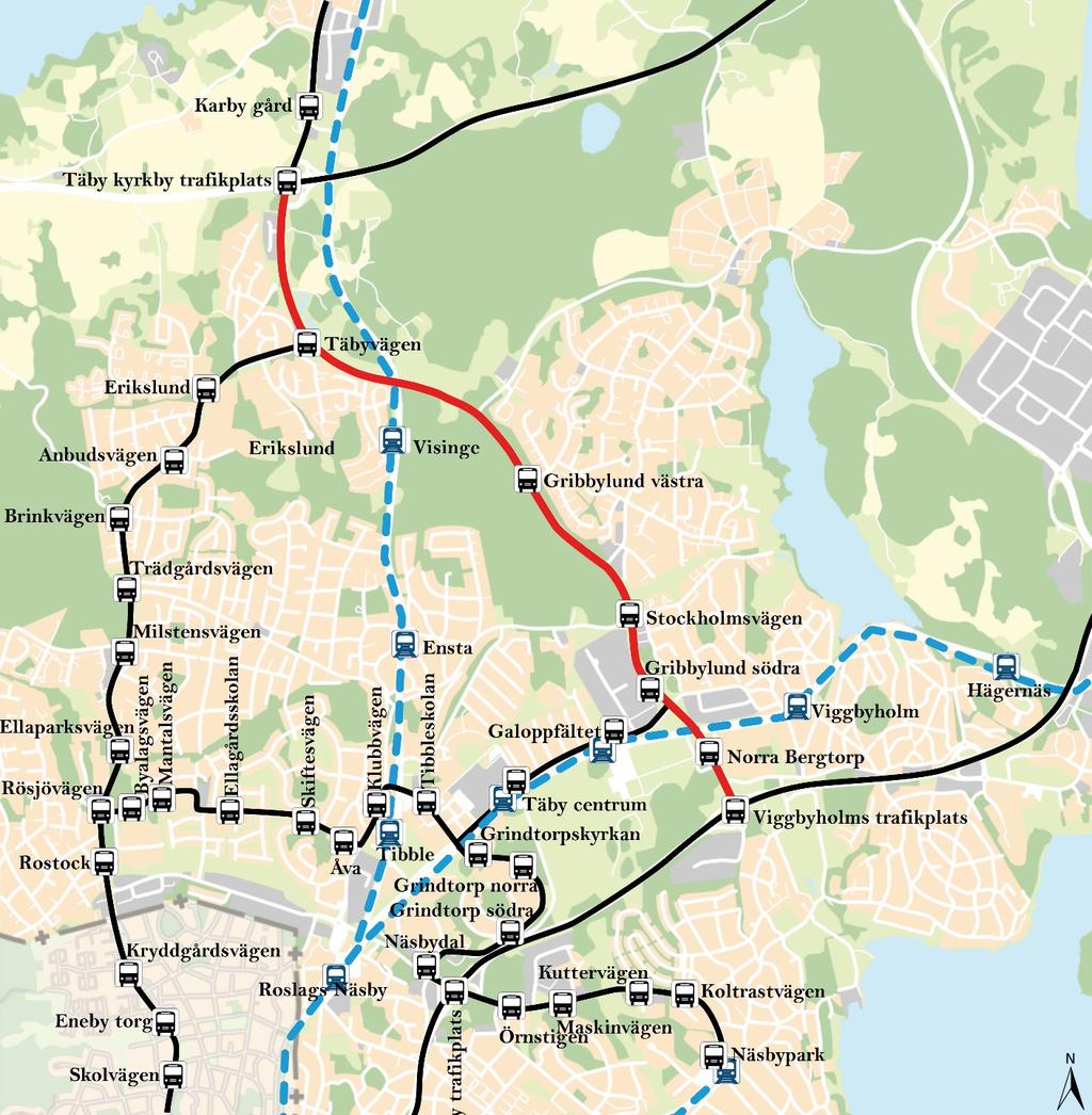 34(75) Stråk 5: Bergtorpsvägen, Norrortsleden E18 Figur 16 Stråk 5: Bergtorpsvägen; Norrortsleden E18 Stråkets funktion och användning Stråket utgör upptagningsområde för resenärer mot Täby centrum