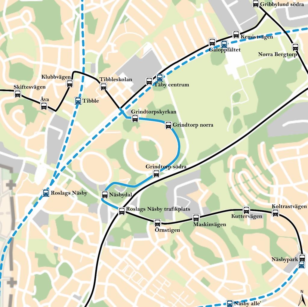 44(75) Stråk 7: Grindtorpsvägen, E18 Täby Centrum Figur 24 Stråk 7: Grindtorpsvägen, E18 Täby Centrum Stråkets funktion och användning Stråket är lokaliserat i centrala delen av Täby och förbinder