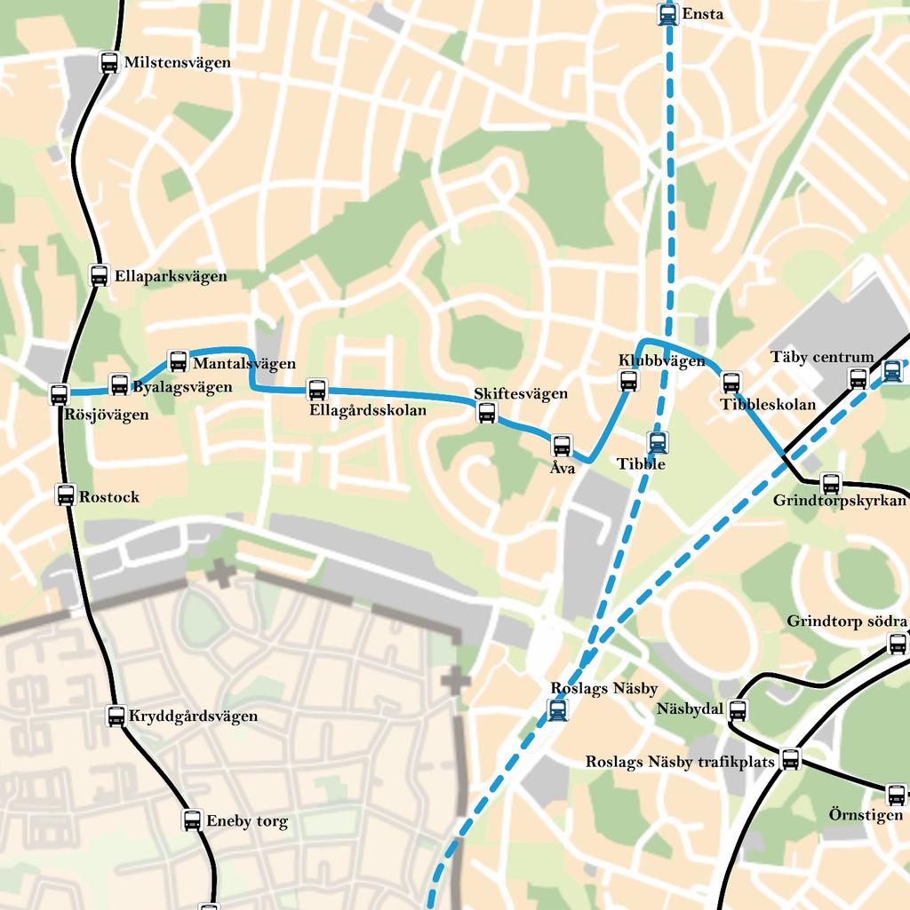 53(75) Stråk 9: Ellagårdsvägen, Rösjövägen Täby Centrum Figur 30 Stråk 9: Ellagårdsvägen, Rösjövägen Täby Centrum Stråkets funktion och användning Ett viktigt tvärstråk i en som förbinder Täby