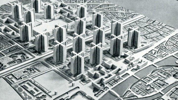Figur 10: "Plan Voisin", en tänkt men icke verklig plan över centrala Paris. Bild: Foundation Le Corbusier.