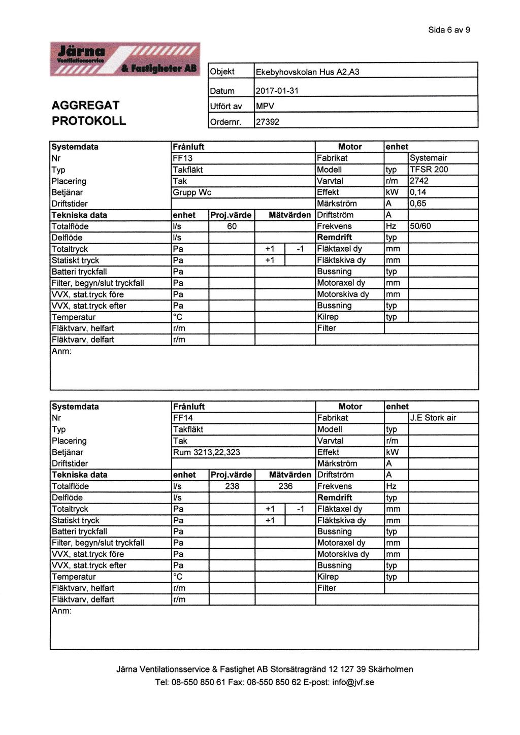 Sida 6 av 9 Objekt Ekebyhovskolan Hus A2,A3 AGGREGAT PROTOKOLL Datum 2017-At31 Utfört av MPV Ordernr.