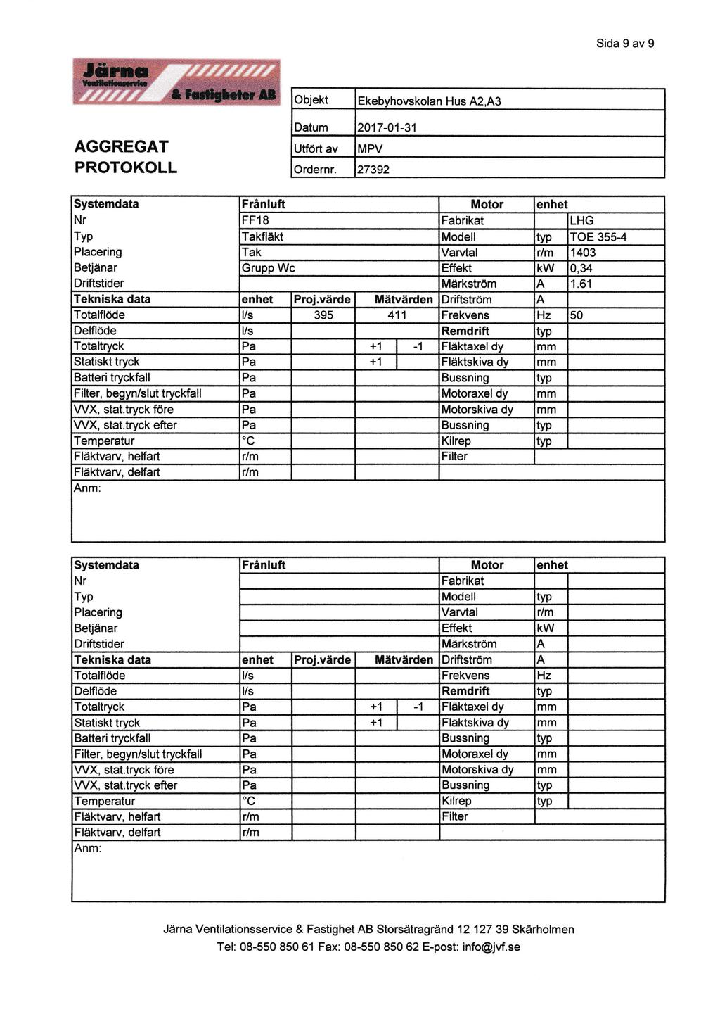 Sida 9 av 9 Objekt Ekebyhovskolan Hus A2,A3 AGGREGAT PROTOKOLL Datum 2017-01-31 Utfört av MPV Ordernr.