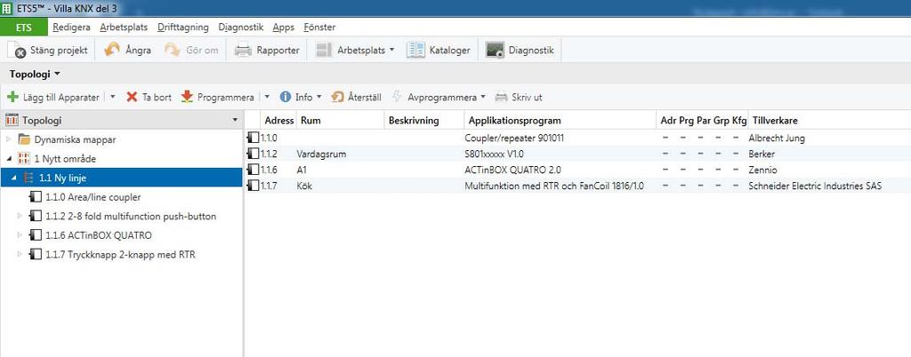 Övning NR 6:1 Markera ny linje och lägg till apparat välj Jung Coupler/repeater denna kommer då att få adressen 1.1.0.