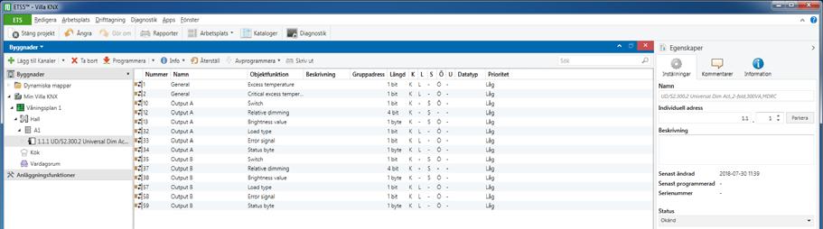 Övning NR 1:2 Här ser ni de olika gruppobjekten som man knyta med sina gruppadresser. t.ex. Nummer 7 är objektet som får aktorn att tänd och släcka lampan.