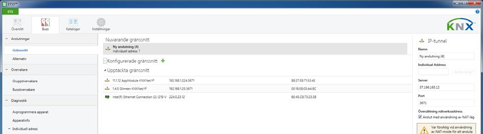 ETS 5 program 11) Under fliken Gränssnitt ställer man in kommunikationen mellan datorn och KNX-produkterna, Har ni anslutit datorn via USB gränssnitt så finns det här, under upptäckta gränssnitt.