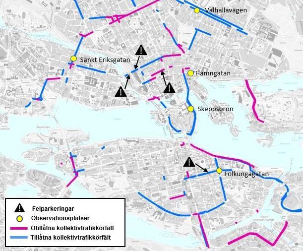 Rapporteringar Stadens parkeringsvakter hade under testperioden uppmaningen att särskilt notera ärenden gällande förekomsten av parkerade bussar i kollektivtrafikkörfälten under testperioden.