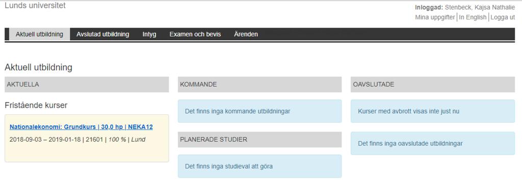 Efter att du har klickat på Registrera mig listas kursen