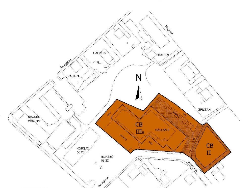 Område Tp parkering och rut skrafferat område torg i detaljplan för Backen