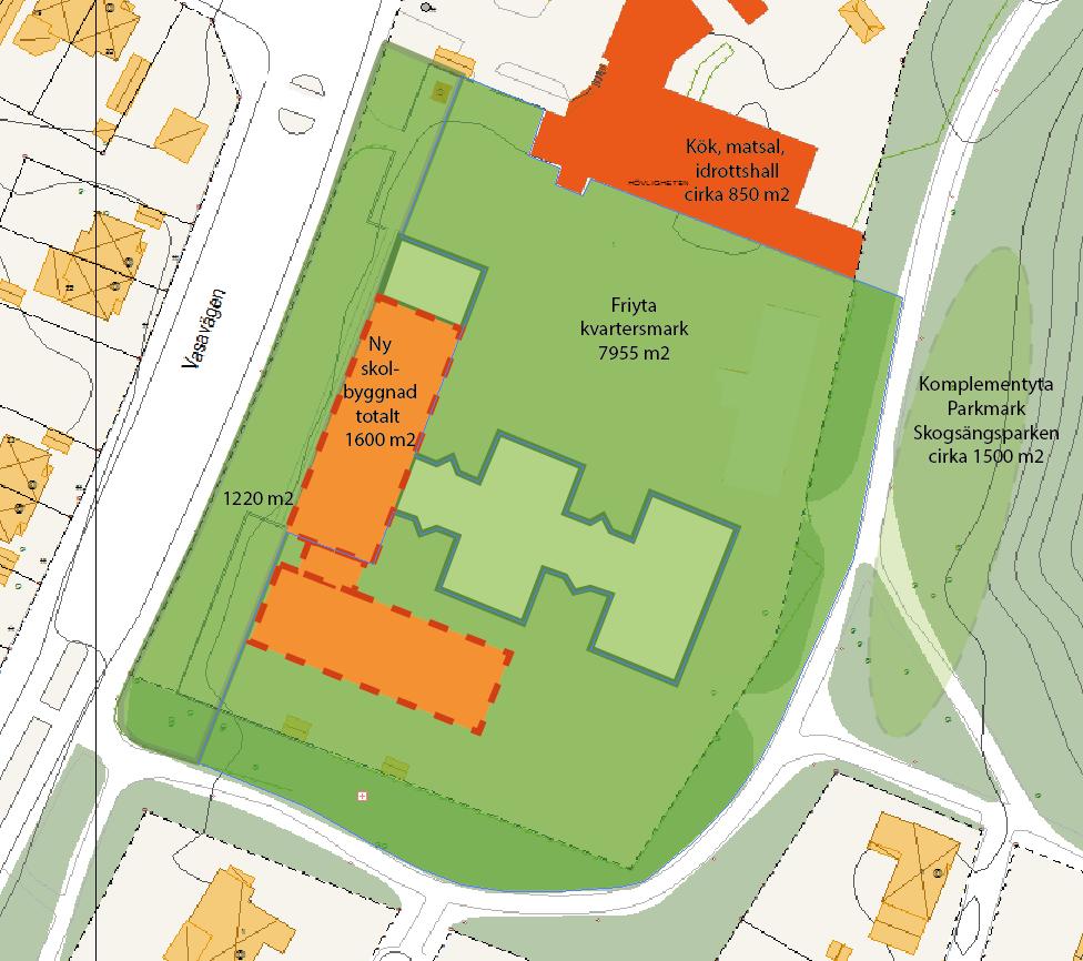 Eskilstuna kommun 2018-11-08 22 (45) Illustration: Föreslagen fördelning av tillbyggnation och friyta Planavdelningen Parkering Skolor för de lägre åldrarna bedöms enligt Parkeringstal för ett