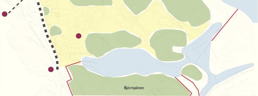 Dalgången vid Bergiusvägen och Lappkärret utgör öppen ängsmark, omgivande kullar är skogsklädda.