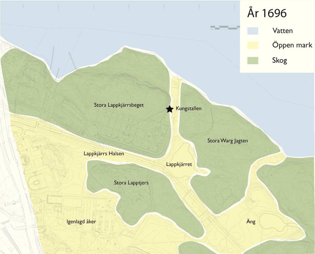 Kungligt inflytande - Kartstudier År 1696: Hela området ingår i jaktparken. Ett öppet dalstråk återfinns norr om Lappkärret till Saltsjön (i svackan där Lektorsstigen går).