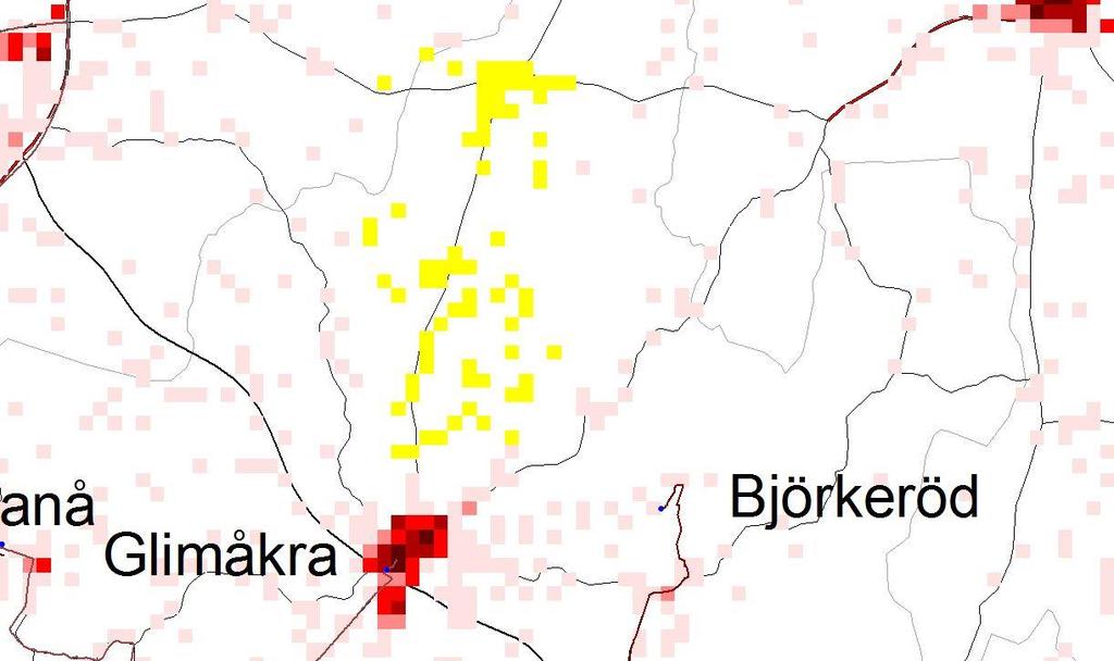 300 personer inom gula rutor Befolkningstäthet 1-9 10-19 20-49 50-99 100- Befolkningen är markerad