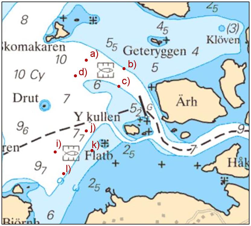 2017-02-16 14 Nr 638 Inför lysprick a) 58-06,182N 011-39,794E Fl Y 3s 3M Inför prick b) 58-06,153N 011-40,070E Inför lysprick c) 58-06,075N 011-40,030E Fl Y 3s 3M Inför prick d) 58-06,115N